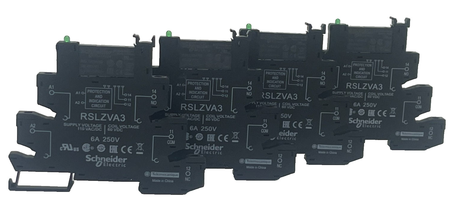 LOT OF 4 SCHNEIDER ELECTRIC RSLZVA3 RELAY + SPRING CLAMP SOCKET 6A 250V, NSNP