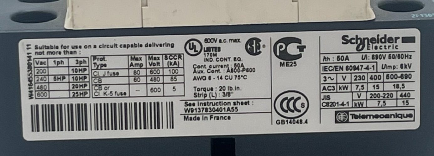 LOT OF 2 Schneider Electric LC1D32G7 32A 3‑Pole (3NO)  IEC Contactor 120VAC NSNP