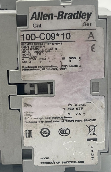 ALLEN BRADLEY 100-C09*10 SER A IEC CONTACTOR 3-POLE 9A, 110/120V 100-C09D10 NSNP