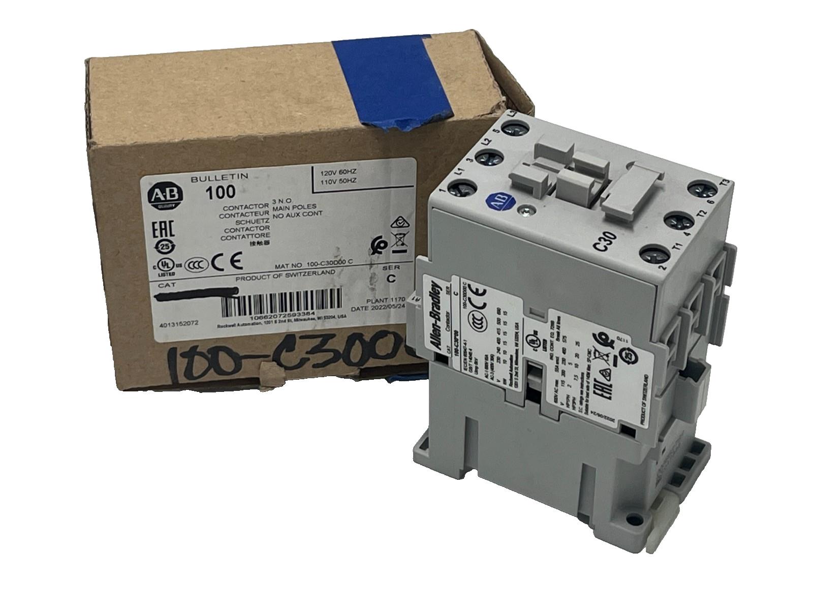 ALLEN-BRADLEY 100-C30D00 /C IEC Contactor  30A , 3-Pole 3 N-O 110/120V COIL NSMP