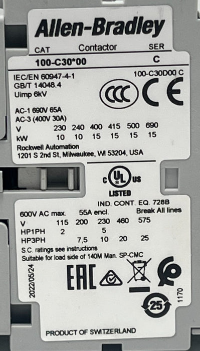 ALLEN-BRADLEY 100-C30D00 /C IEC Contactor  30A , 3-Pole 3 N-O 110/120V COIL NSMP