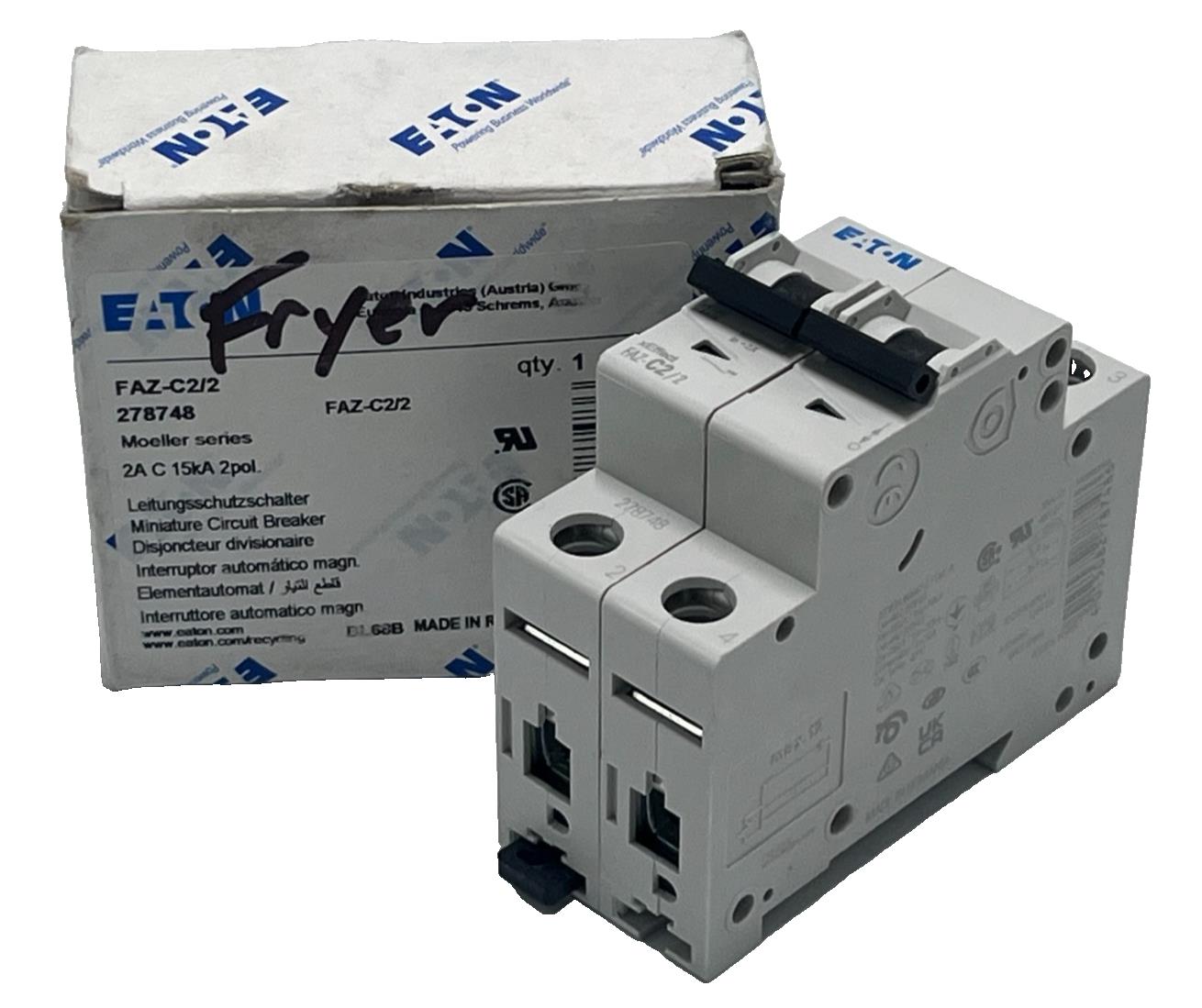 EATON FAZ-C2/2 278748 MINIATURE CIRCUIT BREAKER 2A, 2POLE, DIN RAIL MOUNT FSMP