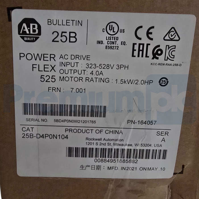 Allen Bradley 25B-D4P0N104 /A PowerFlex 525 AC Drive ENet/IP 2HP FRN. 7.001 NSMP