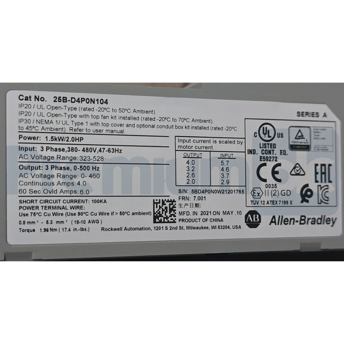 Allen Bradley 25B-D4P0N104 /A PowerFlex 525 AC Drive ENet/IP 2HP FRN. 7.001 NSMP