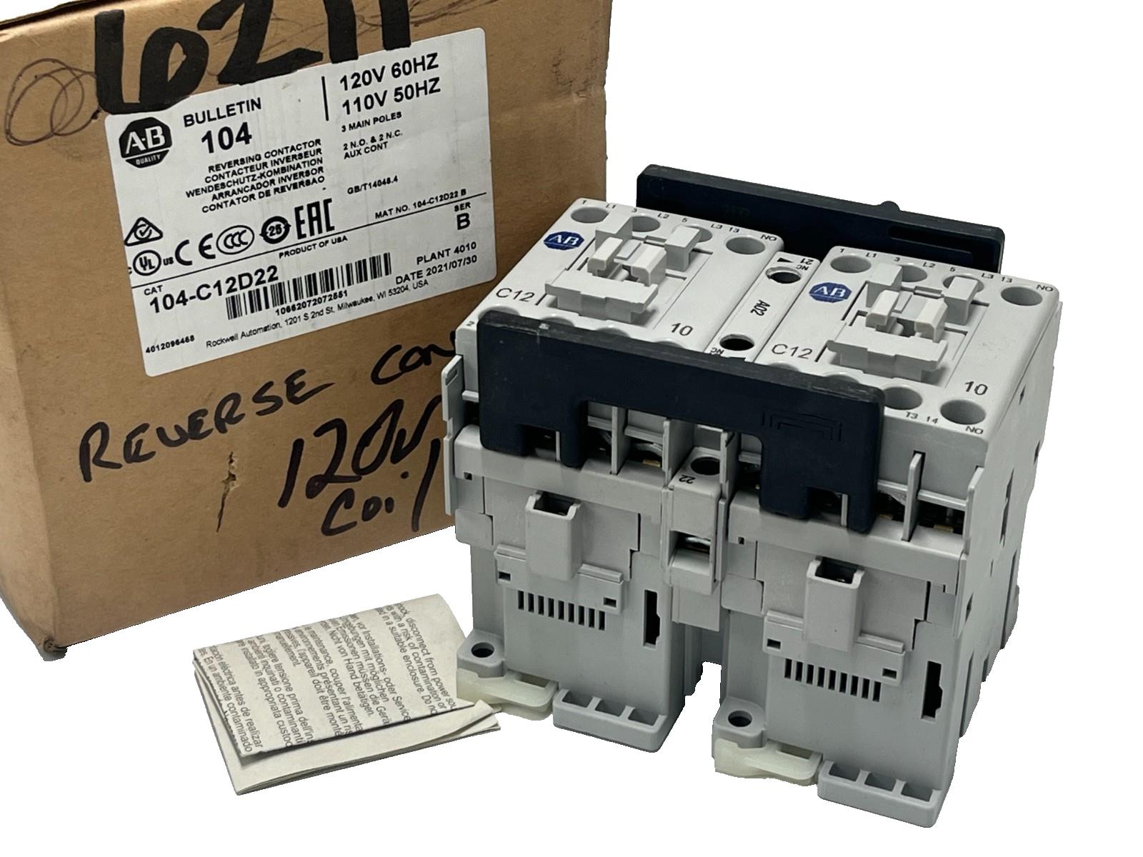 Allen-Bradley 104-C12D22 Ser B IEC Reversing Contactor 12A 110/120V AC Coil NSMP