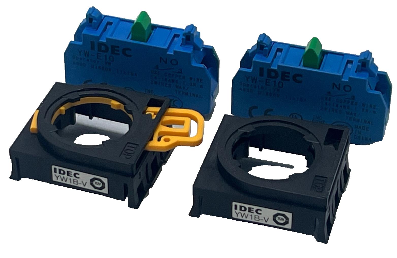 (2) IDEC YW-E10 Contact Blocks 1NO, W/ (2) YW-1B-V Selector Switch operator head