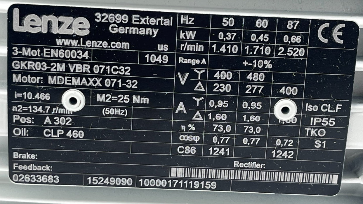 LENZE GKR03-2M VBR 071C32 Geared Motor 1.5 HP 1.1 kW 230/460V 3-Ph Helical-Worm