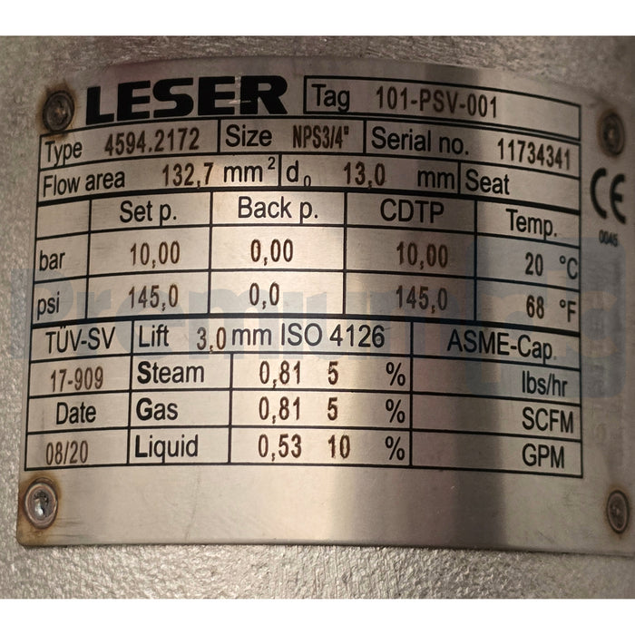 LESER 4594.2172 459 S/S Pressure Safety Relief Valve IN 3/4" OUT 1" 145psig NSNP