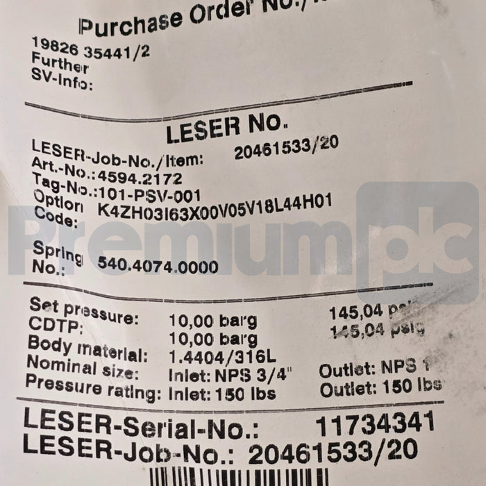 LESER 4594.2172 459 S/S Pressure Safety Relief Valve IN 3/4" OUT 1" 145psig NSNP