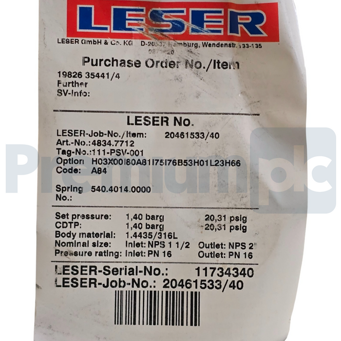 LESER 4834.7712 Type 483 Safety Relief Valve 1.5" x 2" NPS 316L/SS 20.3psi NSNP