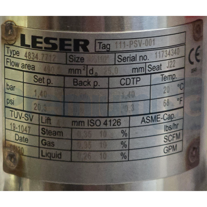 LESER 4834.7712 Type 483 Safety Relief Valve 1.5" x 2" NPS 316L/SS 20.3psi NSNP