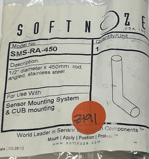 SOFTNOZE SMS-RA-450 Angled Sensor Mounting Rod 1/2" Diameter x 450mm S.S, NSFS