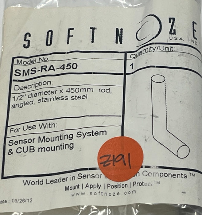 SOFTNOZE SMS-RA-450 Angled Sensor Mounting Rod 1/2" Diameter x 450mm S.S, NSFS