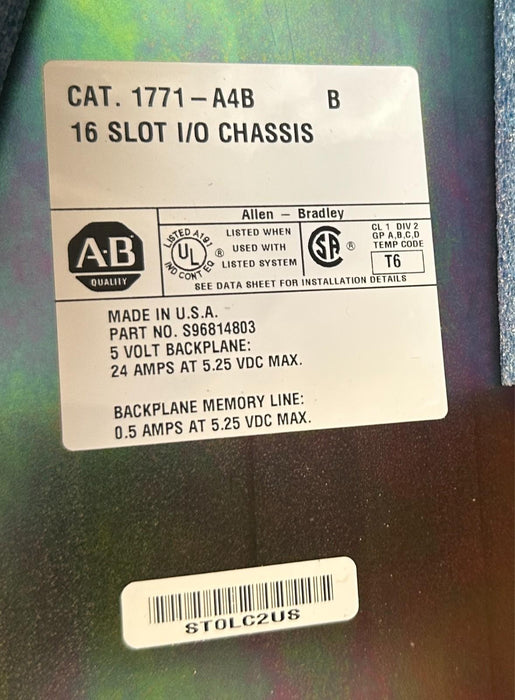ALLEN BRADLEY 1771-A4B /B PLC-5 UNIVERSAL INPUT/OUTPUT CHASSIS 16-Slot 24A NSMP