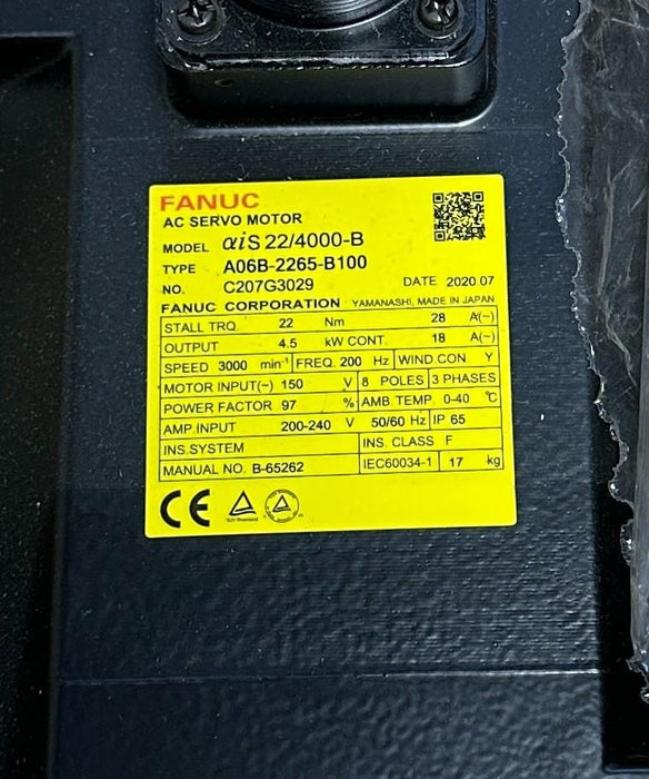 FANUC A06B-2265-B100 / aiS 22/4000-B AC SERVO MOTOR w/ PULSECODER aiA4000 NSMP