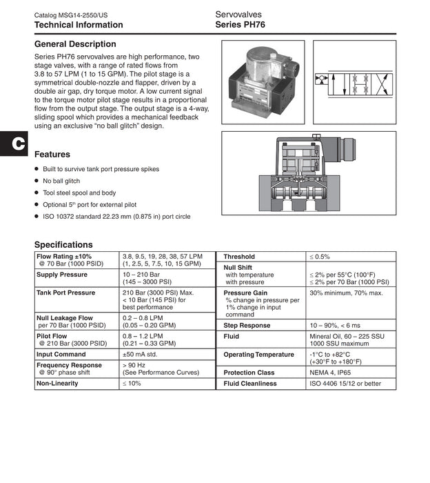Parker PH76 Hydraulic Servo Valve PH76AAZBVA2.5D1384 2.5GPM 3000PSI D# 1384 XLNT