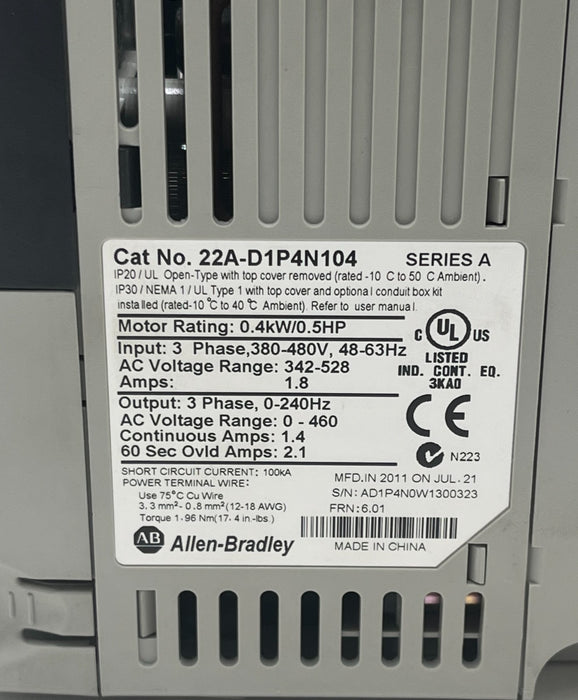 ALLEN-BRADLEY 22A-D1P4N104 PowerFlex 4 AC Drive 0.5HP 480V Ser A FRN 6.01