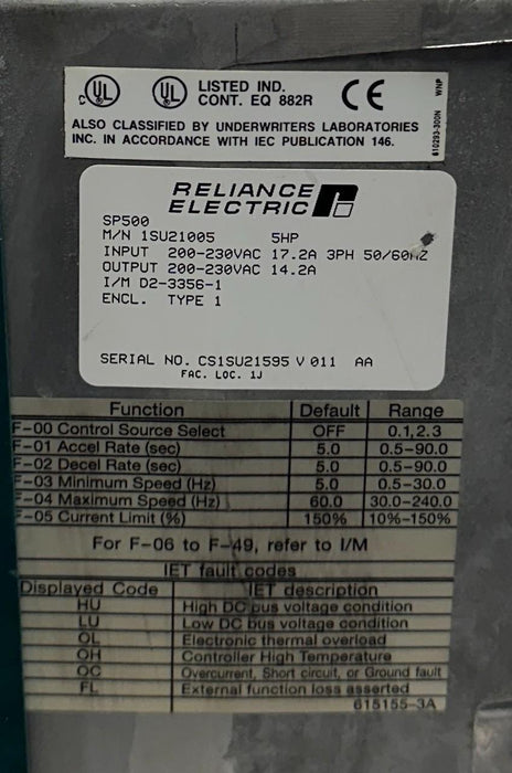 RELIANCE ELECTRIC 1SU21005 / SP500 VS DRIVE AC Drive 5HP 200-230VAC 3PH USNP
