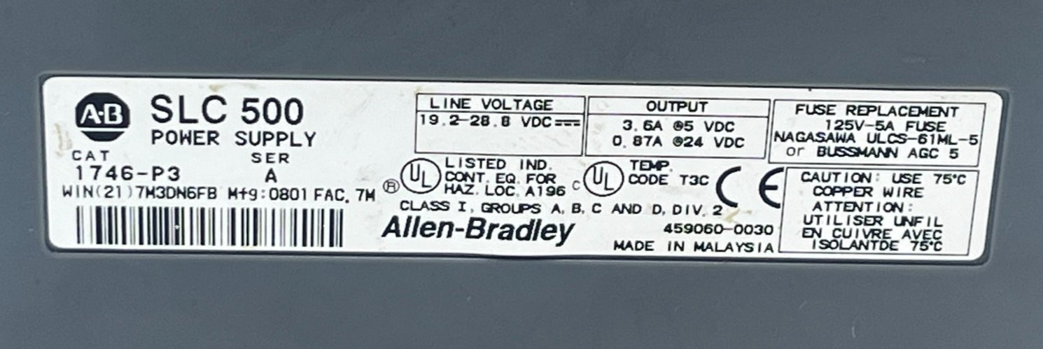 ALLEN BRADLEY 1746-P3 SER A Power Supply Module AB SLC 500 120/240VAC Input NSNP