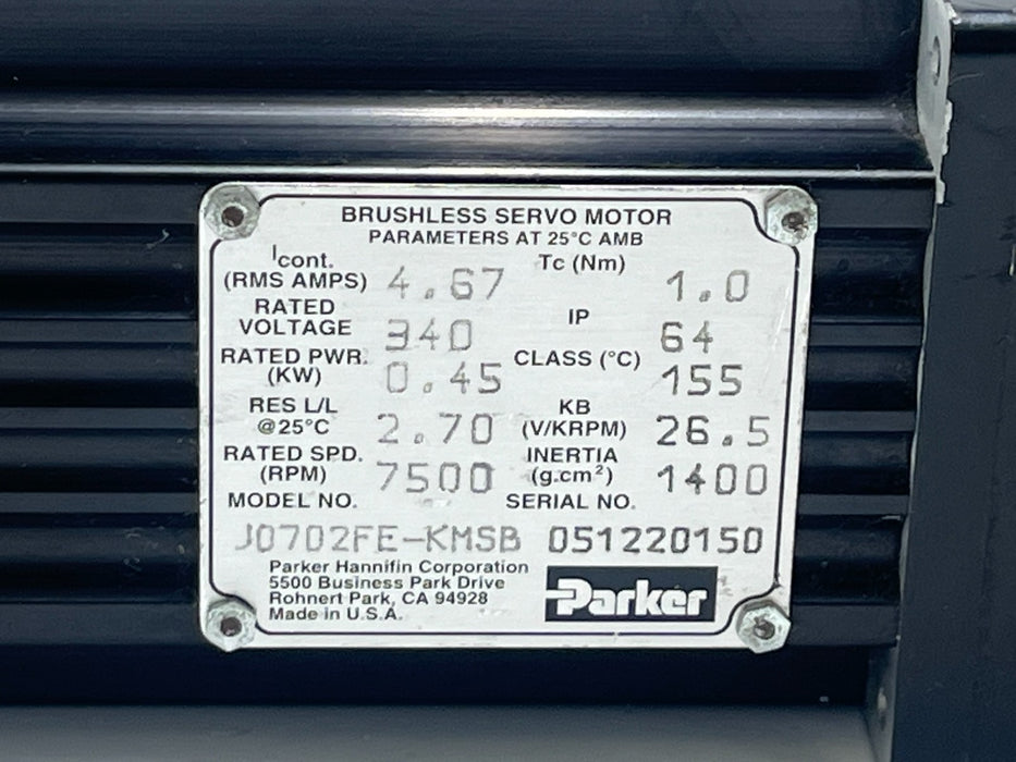 PARKER J0702FE-KMSB Brushless Servo Motor J0702FEKMSB 115V AC Encoder Industrial