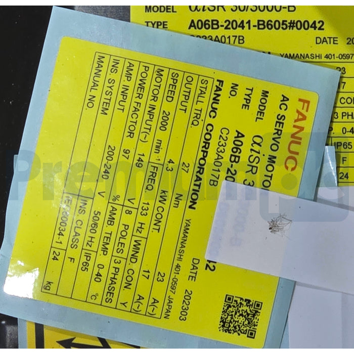 FANUC A06B-2041-B605#0042 aiSR 30/3000-B AC Servo Motor 4.3kW 2000RPM NSNP