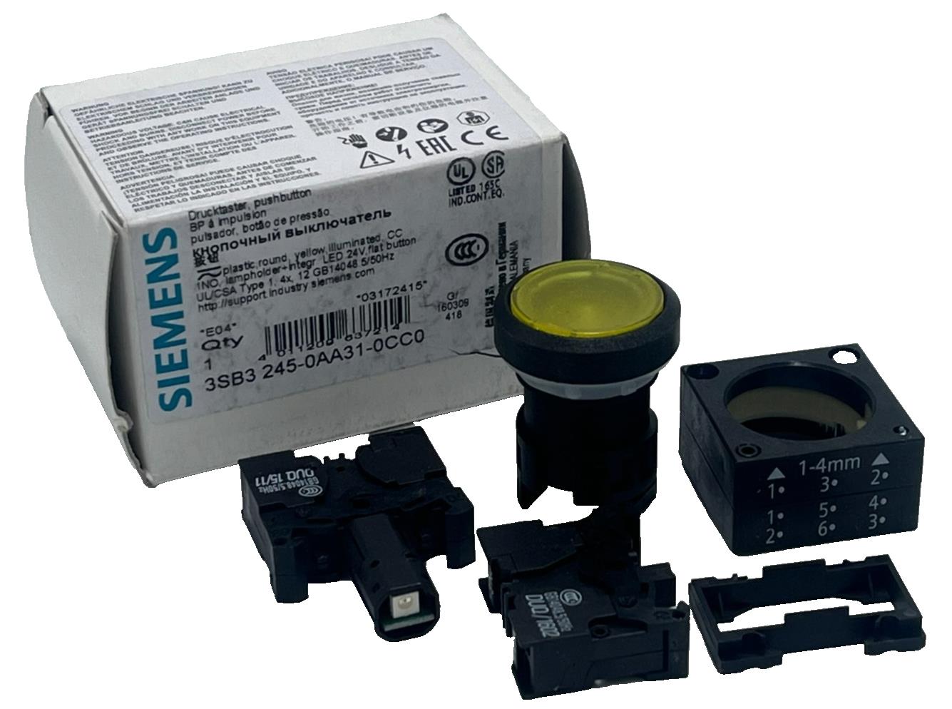 SIEMENS 3SB3 245-0AA31-0CC0 Illuminated Pushbutton Yellow Flush 22mm 3SB32450AA3