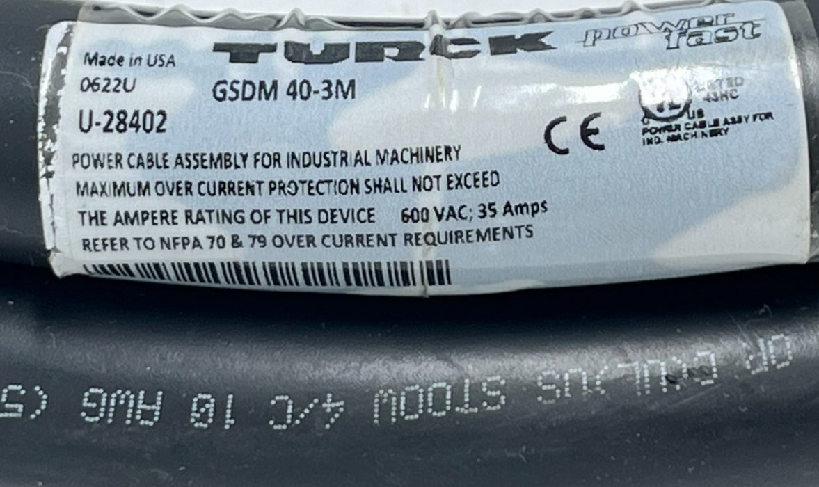 TURCK GSDM 40-3M PowerFast Cordset 3 Meter 4-Pin 1-3/8" D-Size Male Connector