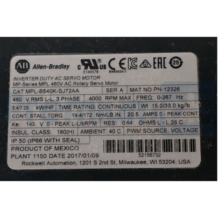 Allen Bradley MPL-B540K-SJ72AA  /A Kinetix MPL AC Servo Motor 460V 5.4kW NSNP