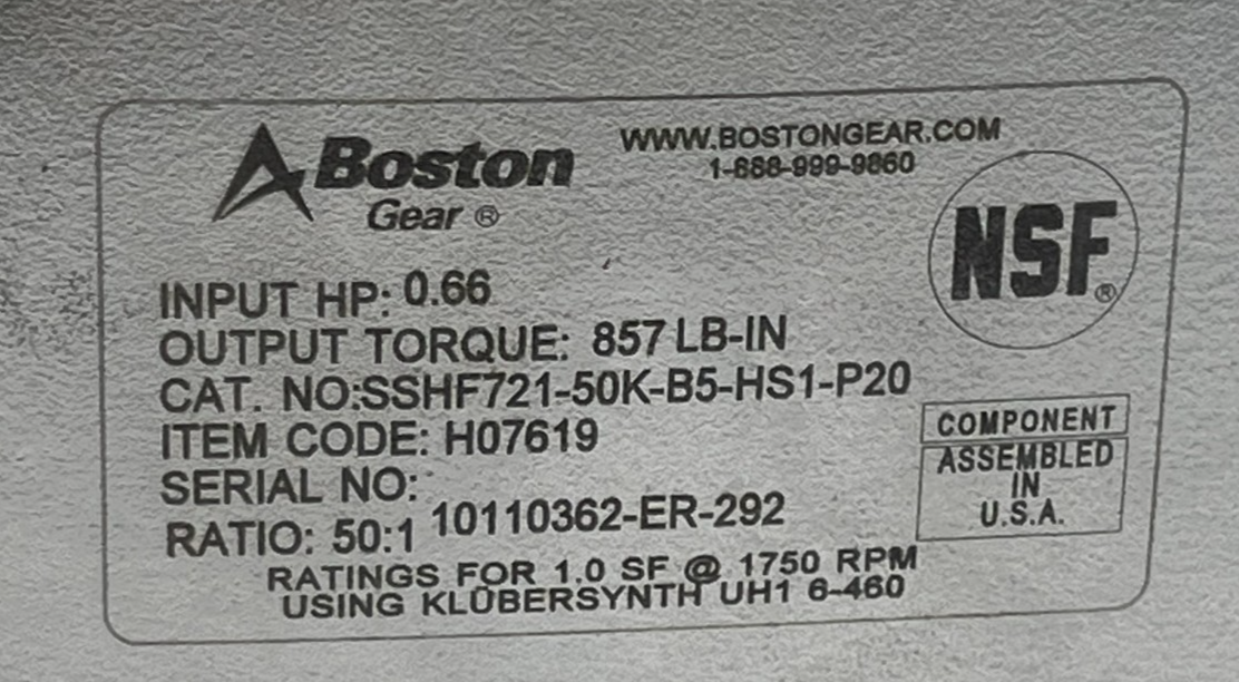 BOSTON GEAR SSHF721-50K-B5-HS1-P20 Stainless Steel Worm Gear Reducer 50:1 Ratio