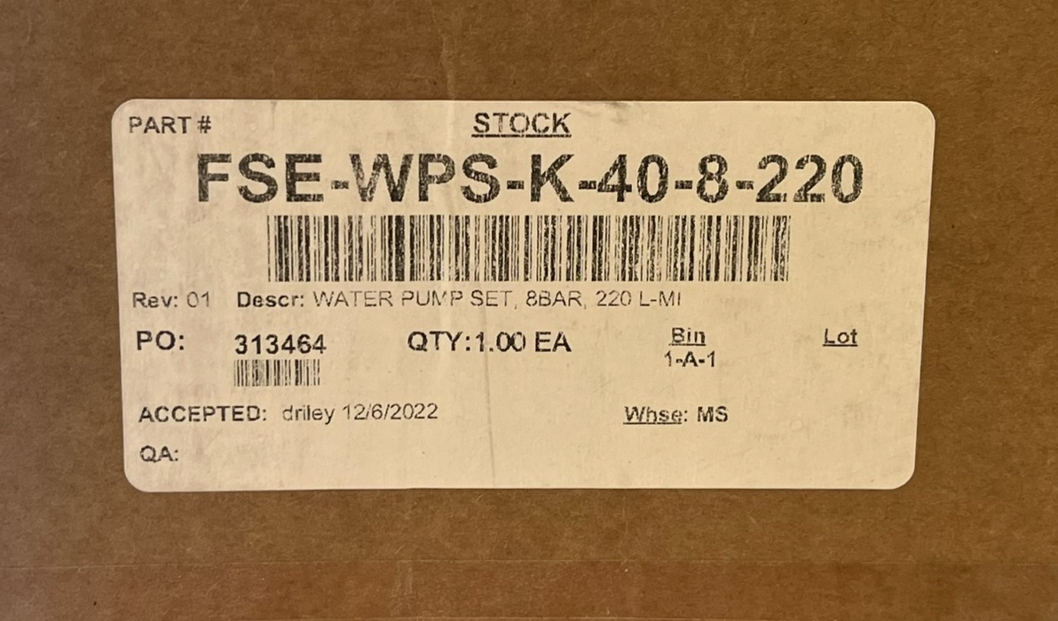 FIREFLY AB WATER PUMP SET 28850-0110, PAK-40-10-NPT, FSE-WPS-K-40-8-220 SPARK