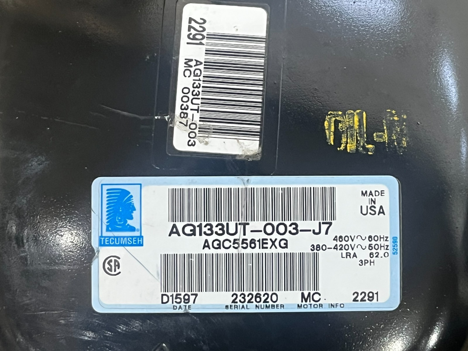 TECUMSEH AG133UT-003-J7 Hermetic Compressor R-404A 13300 BTU 208/230V AG133UT