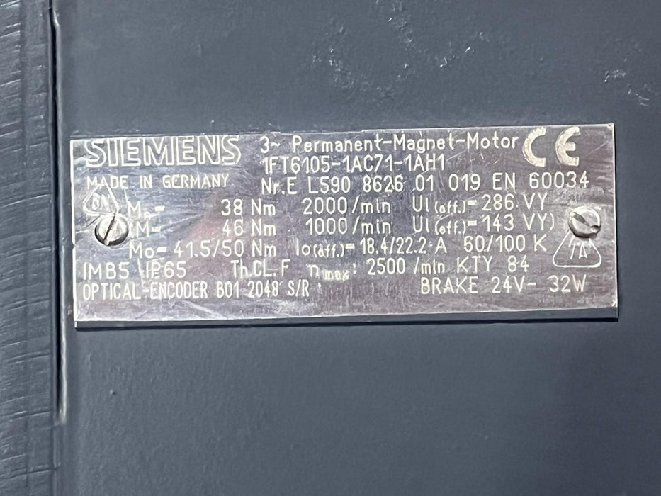 SIEMENS 1FT6105-1AC71-1AH1 Servo Motor 4.7kW 3000 RPM 1FT6 High Dynamic w/ Brake
