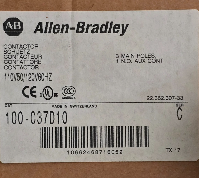Allen Bradley 100-C37D10 /C 100-C IEC Contactor 3-P 37A 110/120VAC 1NO Aux Cont