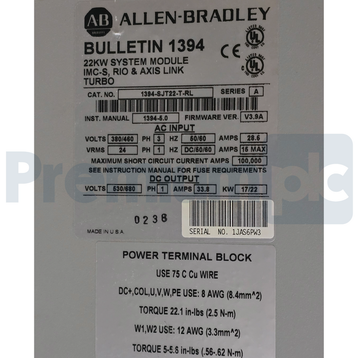 Allen Bradley 1394-SJT22-T-RL /A GMC Turbo System Module 22kW 360-480VAC 3P USPI