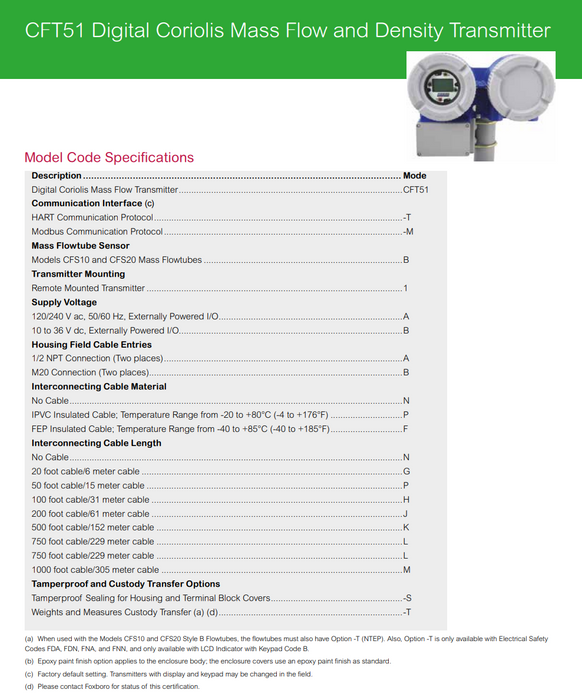 Foxboro Schneider CFT51-TB1EABANNFDA I/A Series Mass Flowmeter 120/240VAC NSNP