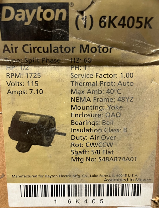 Dayton 6K405K Air Circulator Motor 1/4 HP 115V 1100RPM 48YZ Frame OSC/NON-OSC