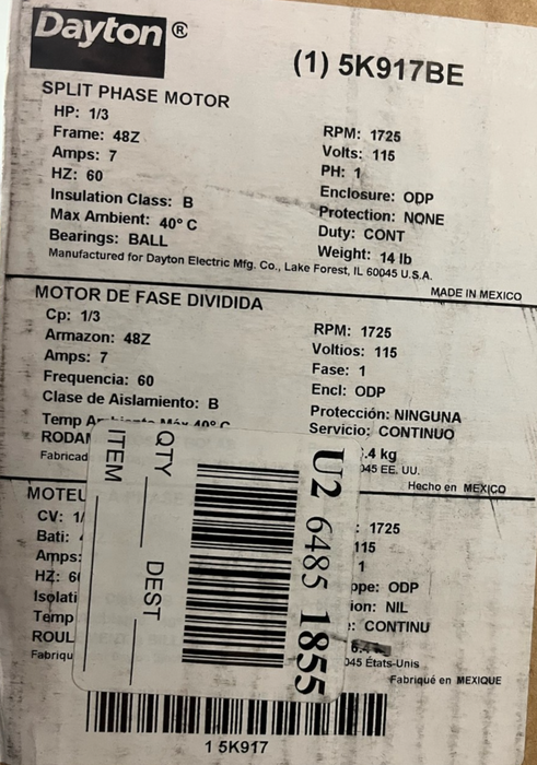 Dayton 5K917BE Split Phase Motor 1/3 HP 1725 RPM 115V 48Z Frame ODP