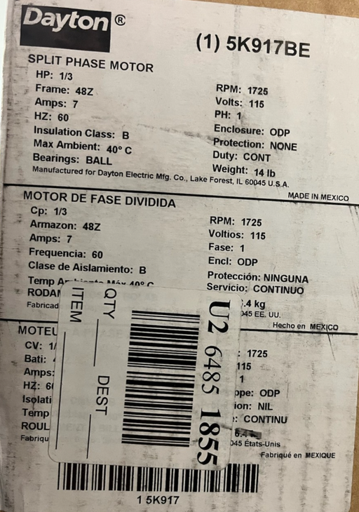 Dayton 5K917BE Split Phase Motor 1/3 HP 1725 RPM 115V 48Z Frame ODP