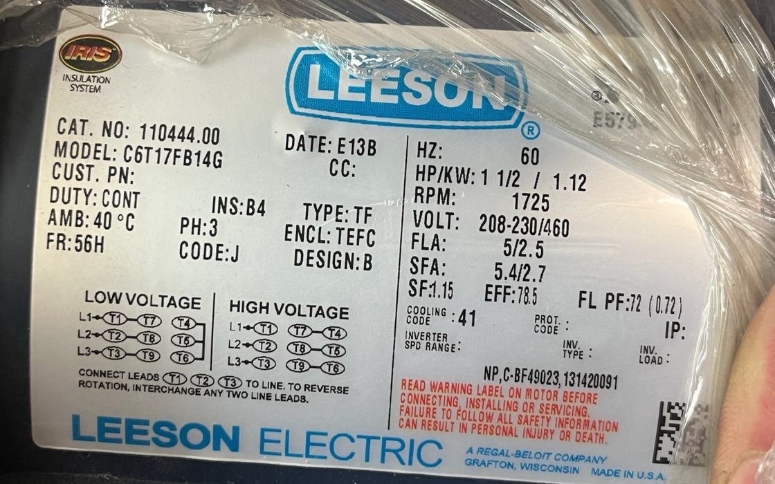 LEESON 110444.00 ELECTRIC MOTOR 1.5HP 1725RPM 3PH 56H TEFC 208-230/460V