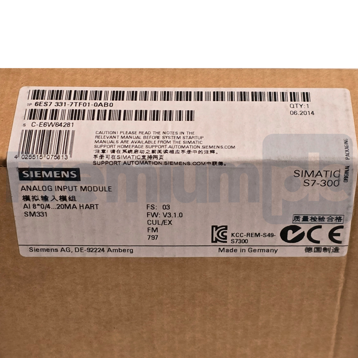 Siemens 6ES7331-7TF01-0AB0 SIMATIC S7-300 Analog Input Module SM331 HART NSFS
