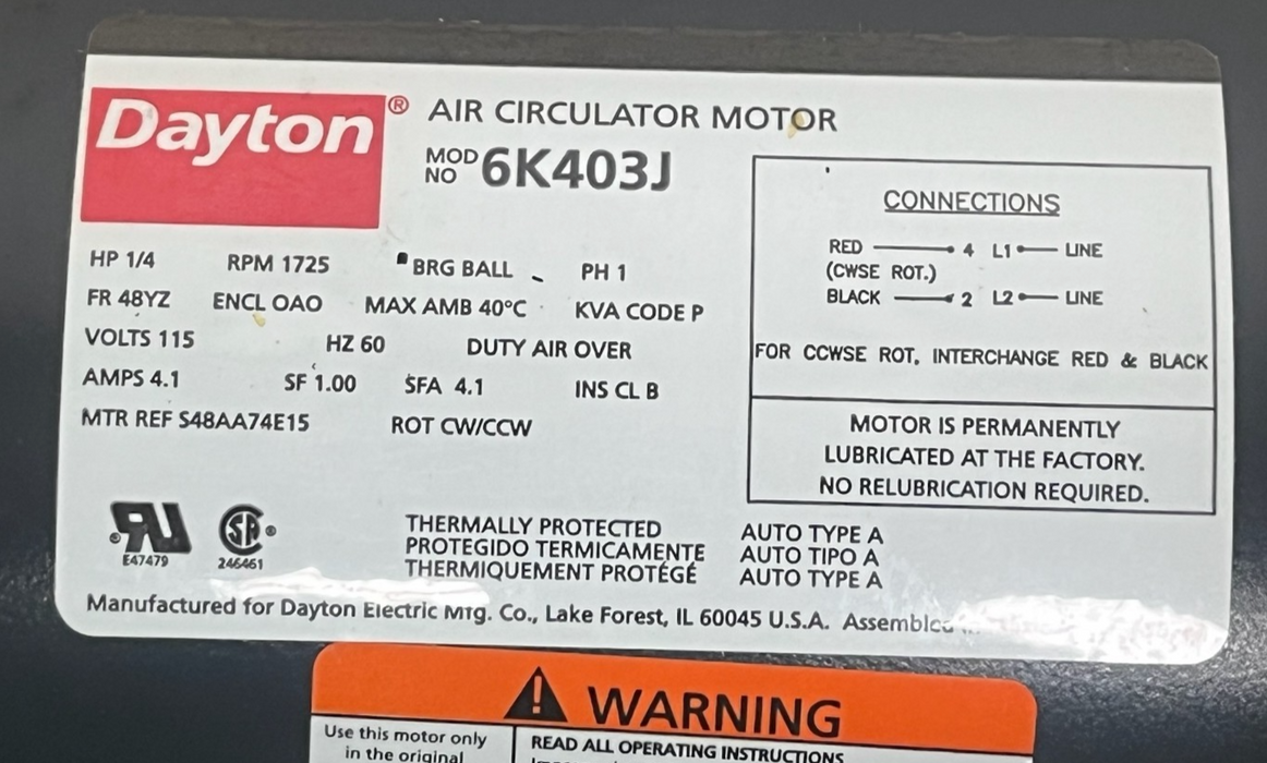 Dayton 6K403J Air Circulator Fan Motor | 1/4 HP 1725 RPM 115V, NSMP