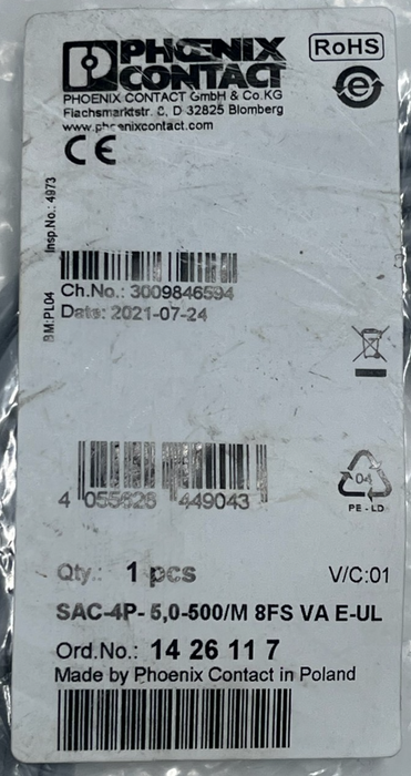 Phoenix Contact 1426117 SAC-4P-5,0-500/M 8FS VA E-UL Sensor/Actuator Cable 5m M8