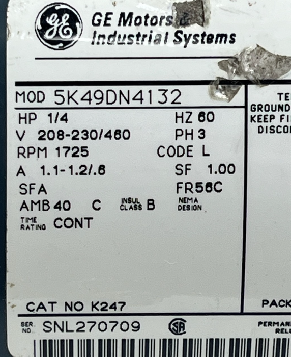 GE 5K49DN4132 3-Phase AC Motor | 1/4 HP, 1725 RPM, 56C Frame, 208-230/460V