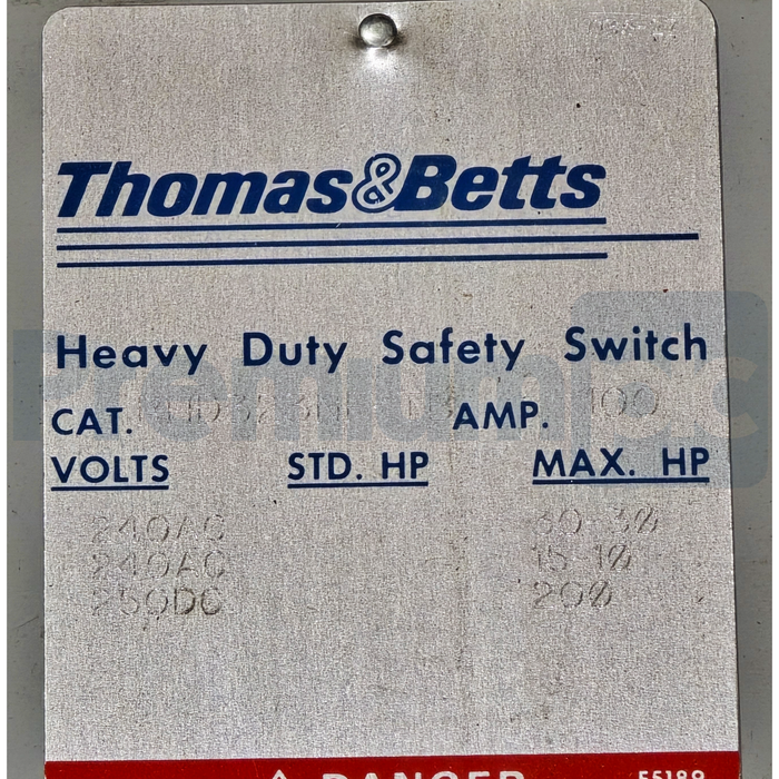 Thomas & Betts RHD323NF-TB | RHD323NFTB 3-P V~240AC/250DC 100A Safety Switch NEW