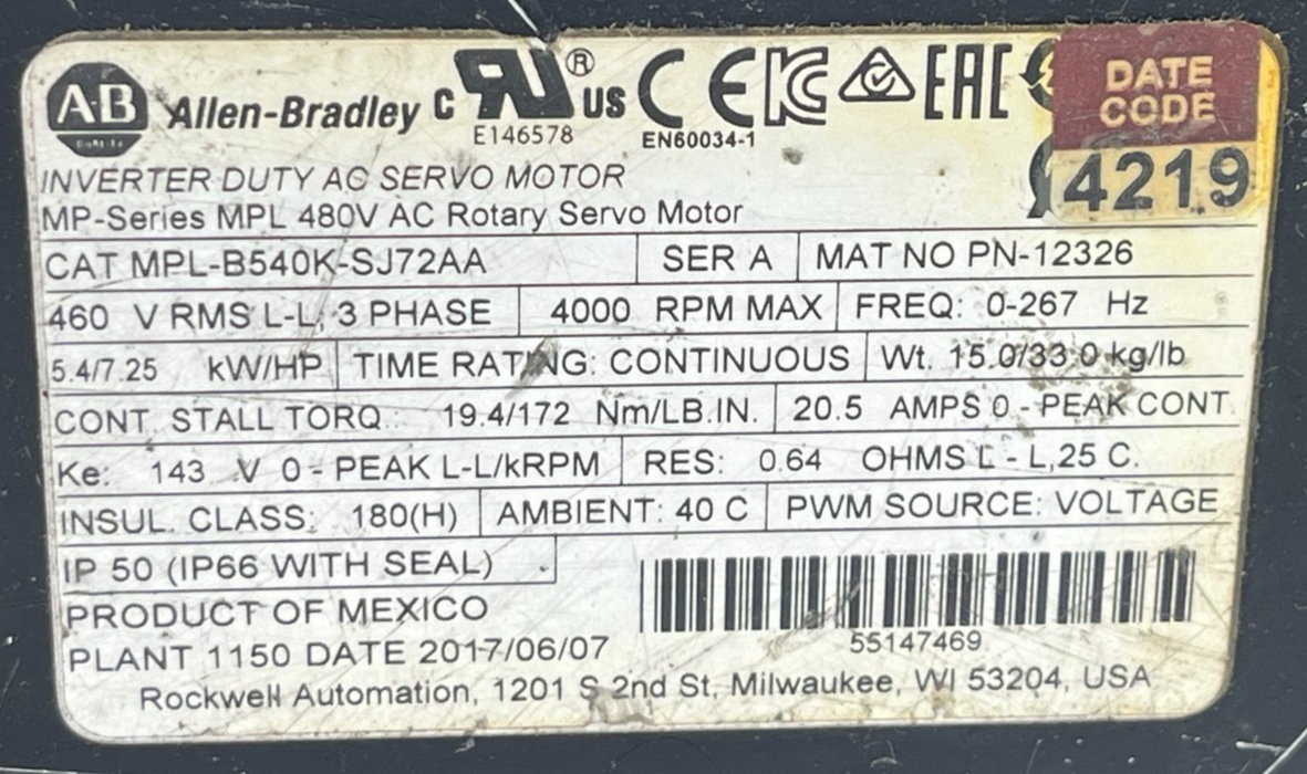 Allen Bradley MPL-B540K-SJ72AA Servo Motor 5.4kW 4000 RPM 165mm W/  DRAIN PLUG