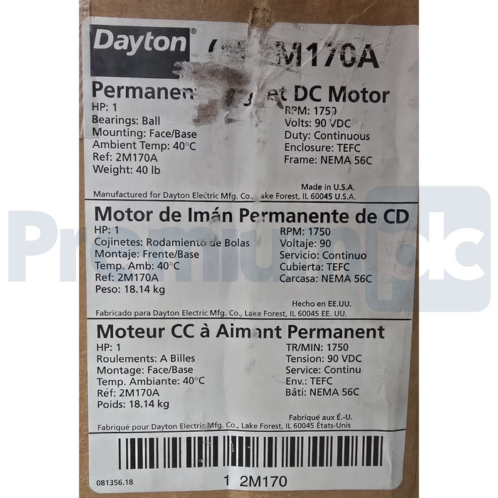 Dayton 2M170A | 2M170 DC Permanent Magnet Motor 1HP 1750RPM 90VDC 56C TEFC NSMP