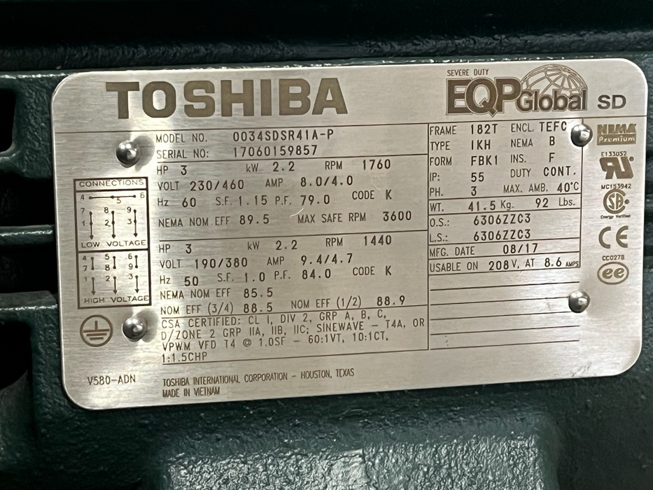 Toshiba 0034SDSR41A-P AC Motor | 3 HP | 1800 RPM | 3-Phase 230/460V | Frame 182T