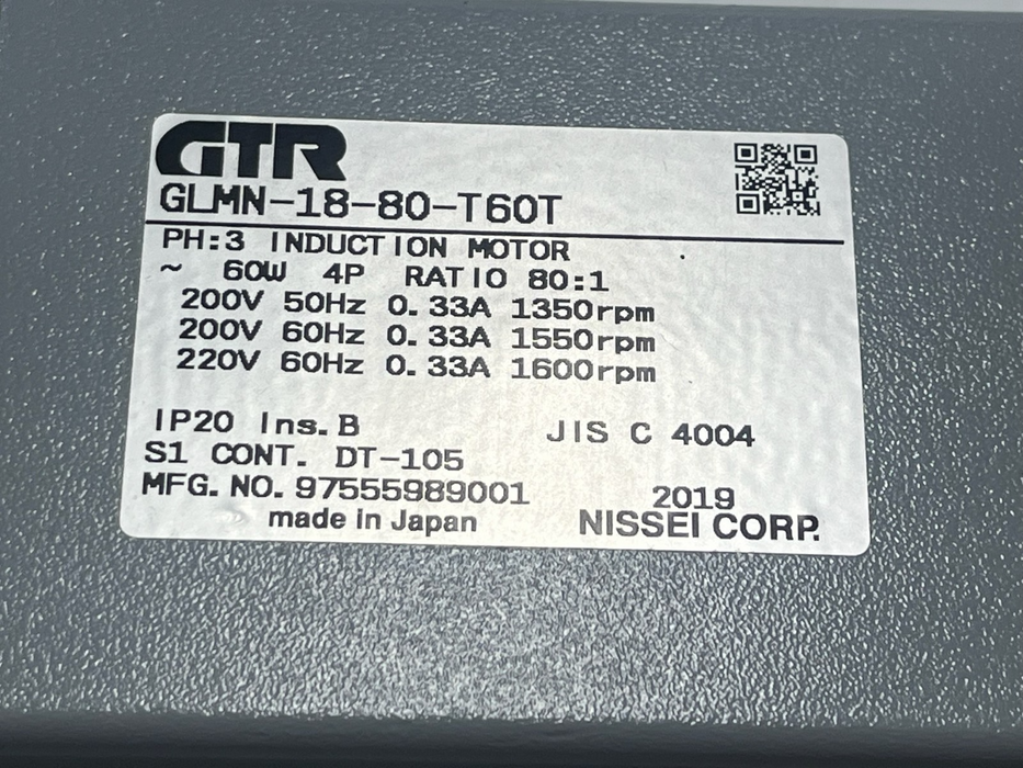 Nissei GTR GLMN-18-80-T60T Gear Motor 60W 80:1 Ratio 3-Phase Brake Motor 200V