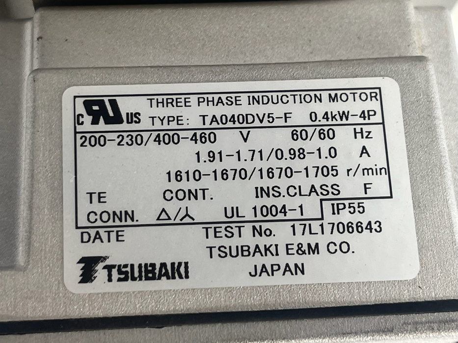 Tsubaki CMFA040-230H110GVN5 Croise Gear Motor w/ TA040DV5-F 3-Phase 40W 1/110