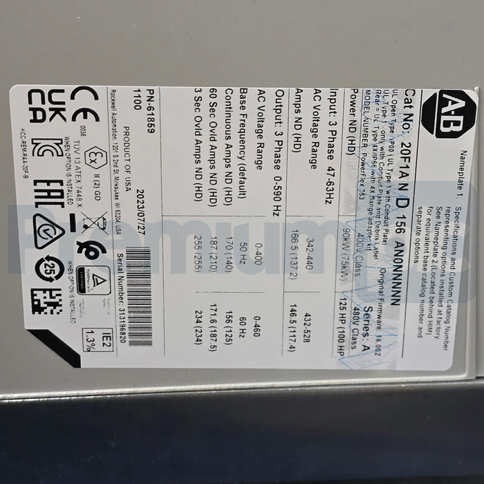Allen Bradley 20F1AND156AN0NNNNN /A PowerFlex 753 AC Drive 480V 125HP 156A NSMP